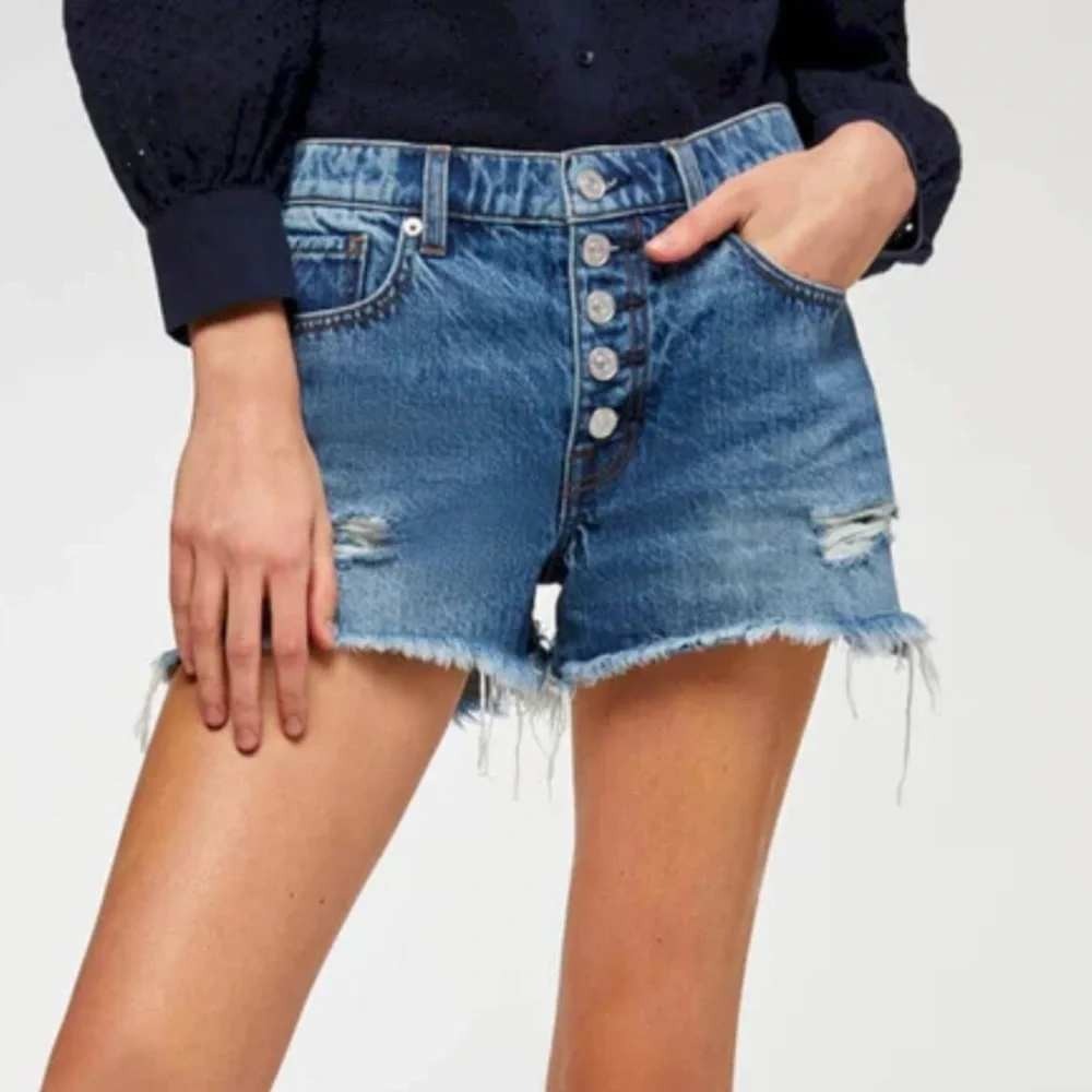 7‎ For All Mankind Monroe Cutoff Shorts 24 Blue Distressed Button Fly High Rise